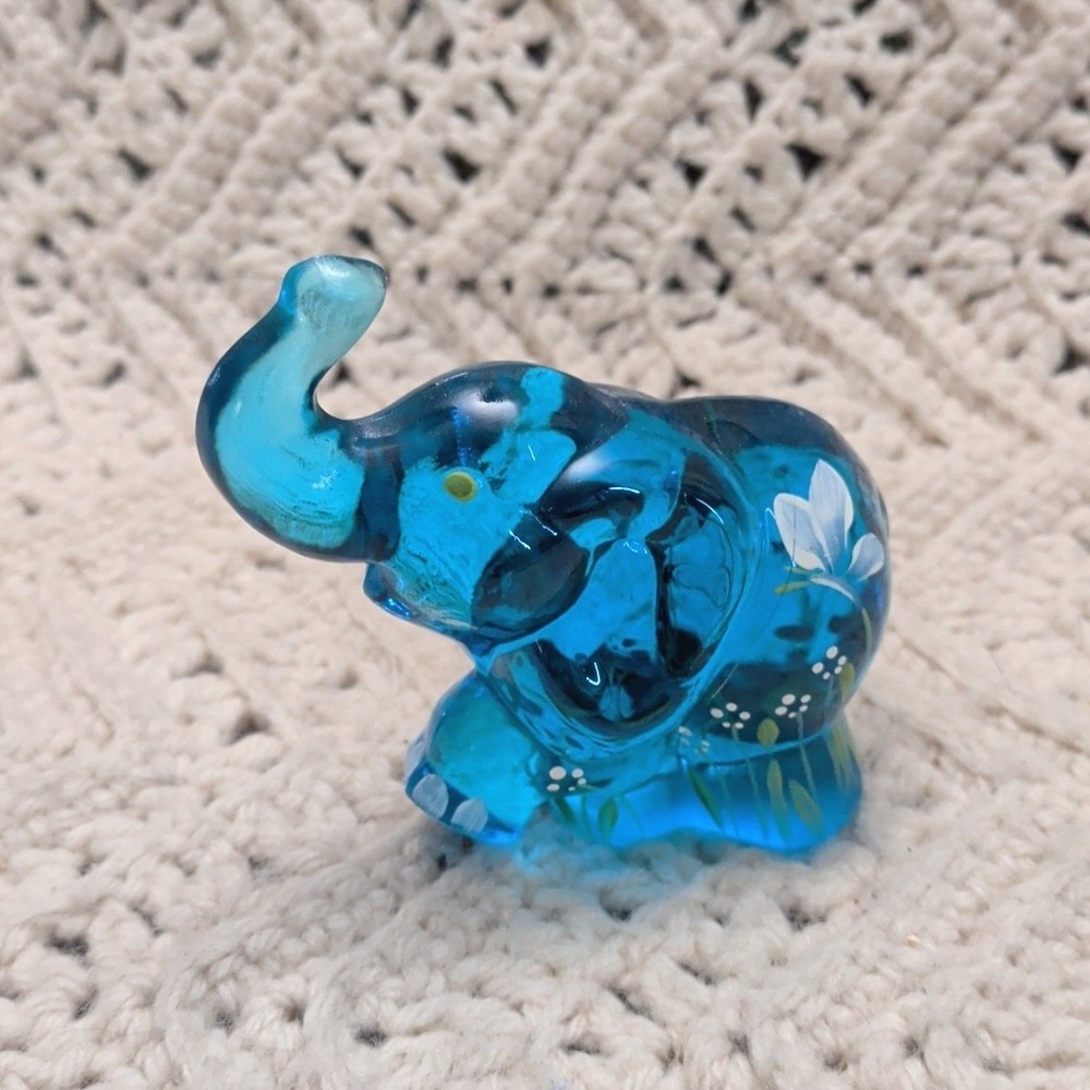 Fenton Blue Glass Elephant Figurine Hand Painted Signed C. A. Hall Trunk Up